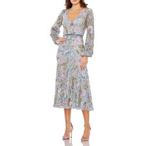 Mac Duggal Plum Long Cuff Sleeve V-Neck Beaded Embellished Floral Dress- Reemoly